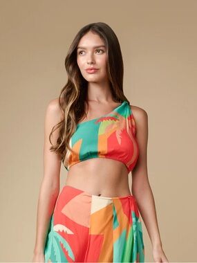 Z&L Europe "Hali" BRIGHT, COLORFUL Palm Trees CROP TOP Small one shoulder new